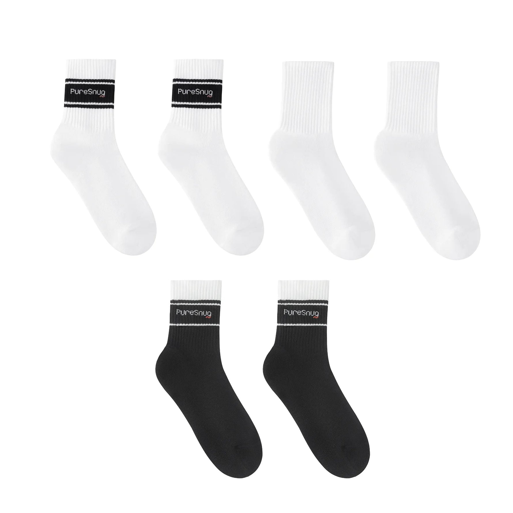 Set of six socks: three white and three black, each with a ribbed cuff and "PureSnug" logo.