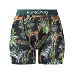 PureSnug underwear, ladies' boxer briefs with a 5" inseam, featuring a tropical wild jungle print with leopard.