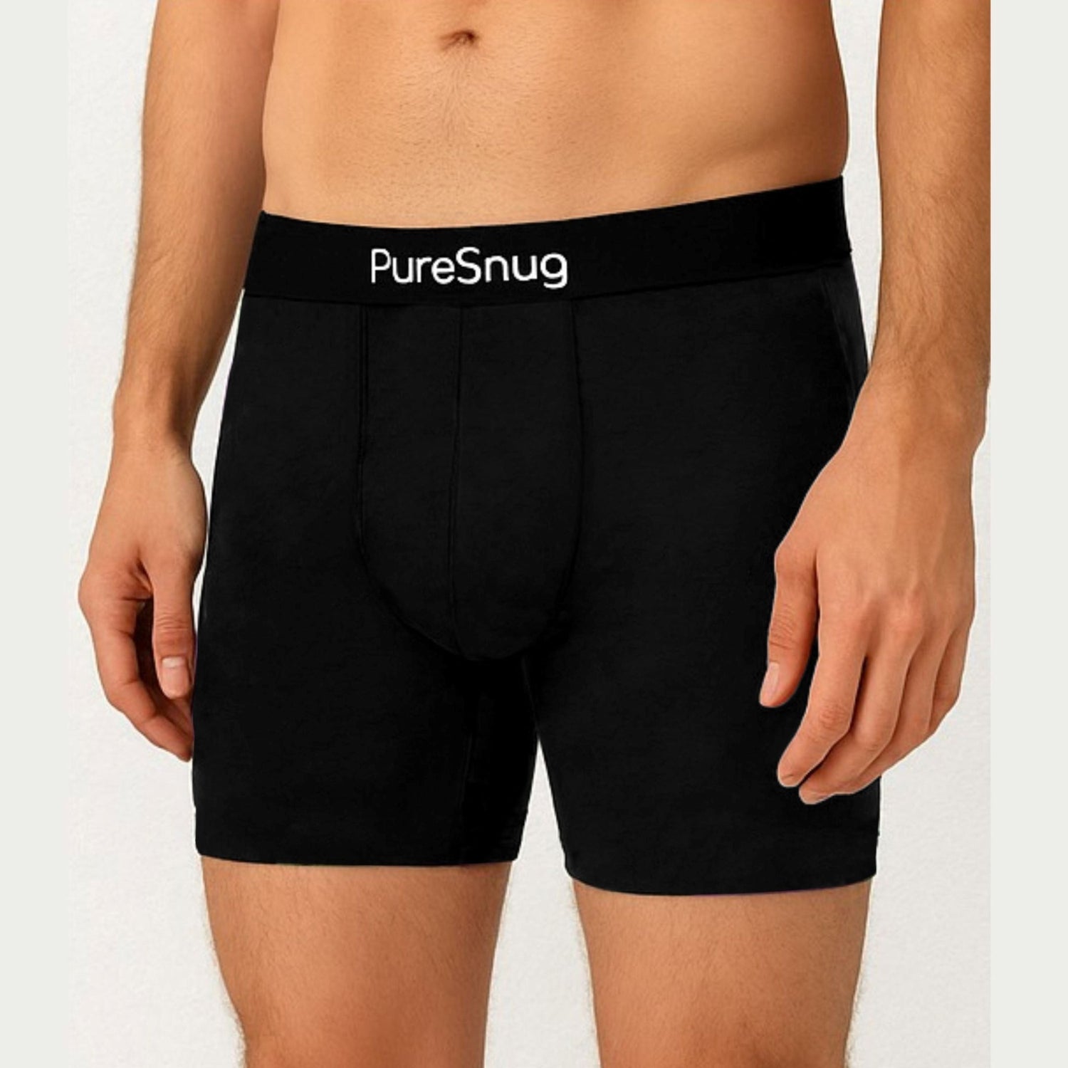 A person wearing black boxer briefs with a waistband labeled "PureSnug."
