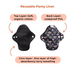 PureSnug's two reusable panty liners. Left is black organic cotton with snaps; right is a patterned leakproof layer with bees. Text highlights soft top layer, leakproof back, and absorbent terry core.