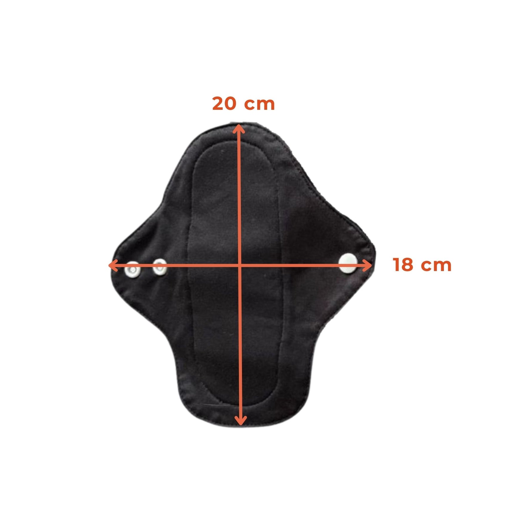 PureSnug's cloth panty liner in black with snap buttons on wings. Dimensions indicated are 20 cm in length and 18 cm in width. 