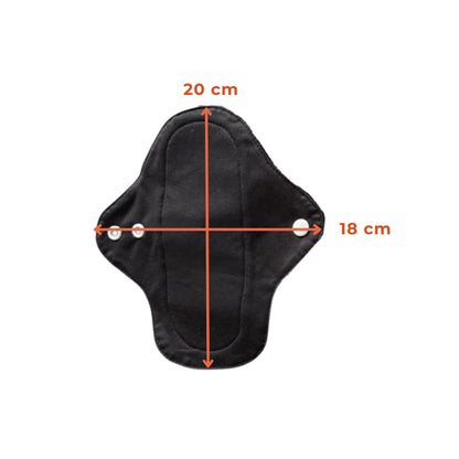 PureSnug's cloth panty liner in black with snap buttons on wings. Dimensions indicated are 20 cm in length and 18 cm in width. 