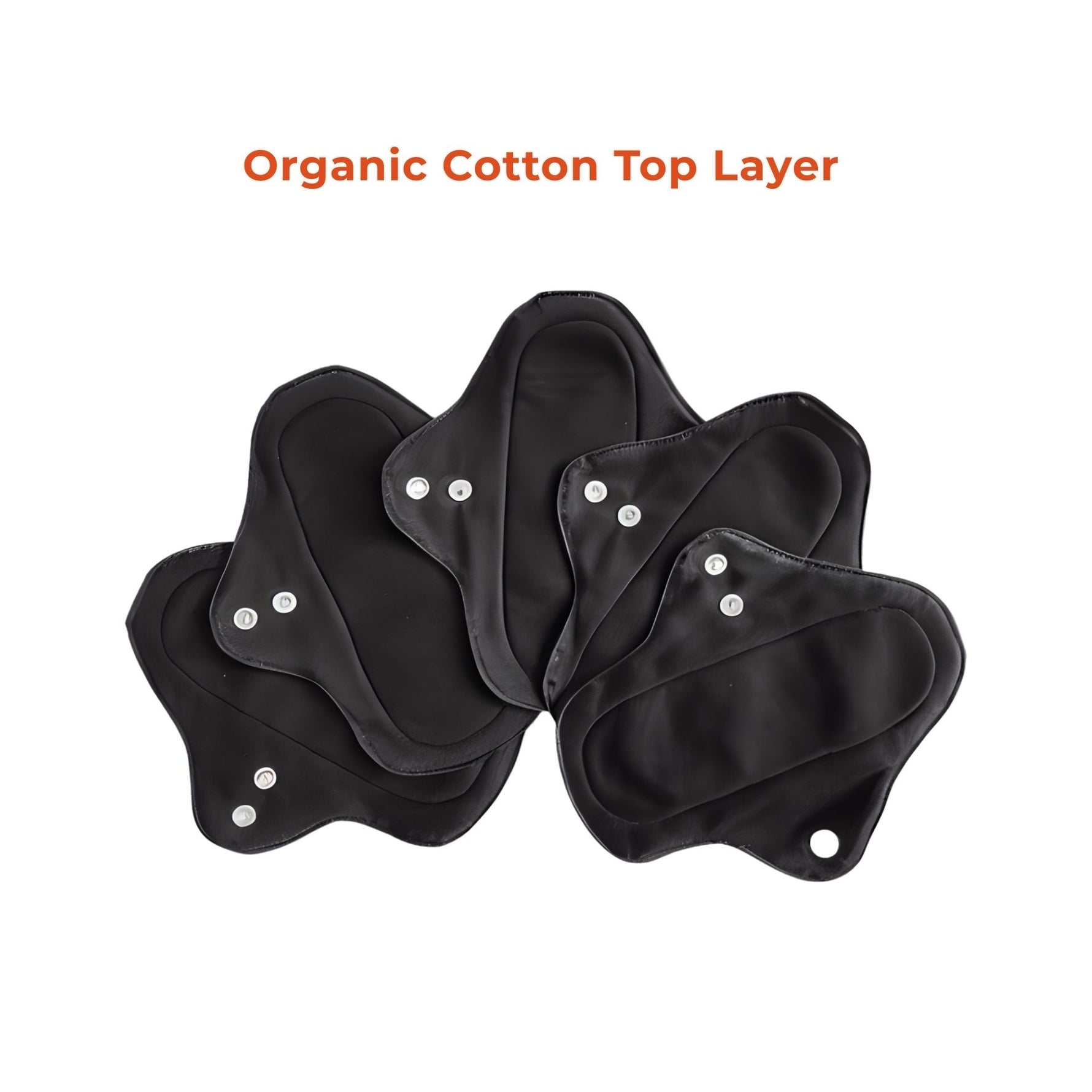 5 set of PureSnug's black reusable panty liners with white snaps are arranged against a white background. Above them, orange text reads “Organic Cotton Top Layer.”