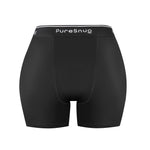 High-waist black period underwear featuring the Pure Snug logo and a full front-to-back absorbency panel for maximum protection