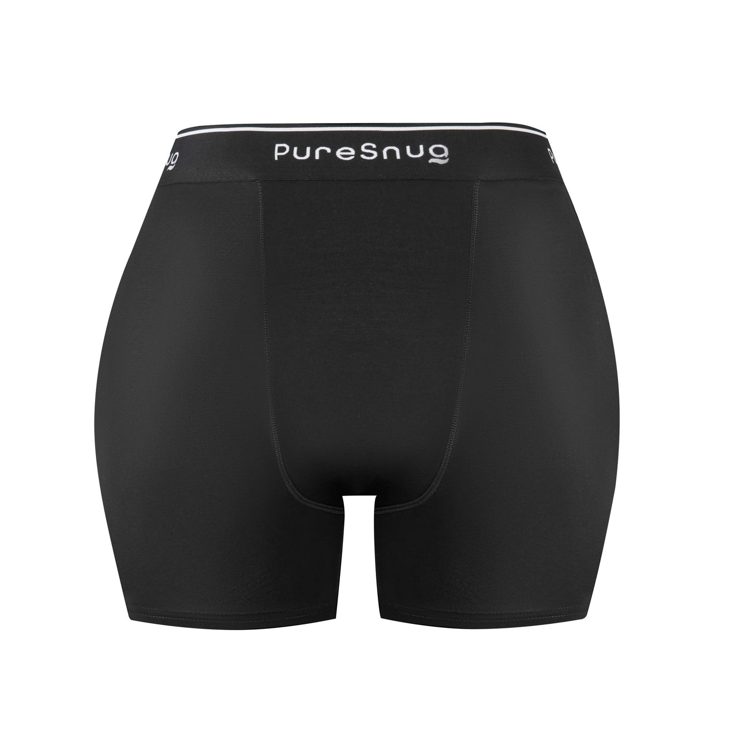 High-waist black period underwear featuring the Pure Snug logo and a full front-to-back absorbency panel for maximum protection