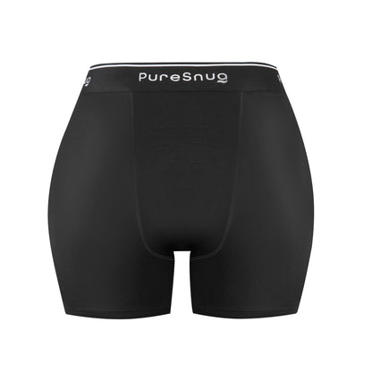 High-waist black period underwear featuring the Pure Snug logo and a full front-to-back absorbency panel for maximum protection